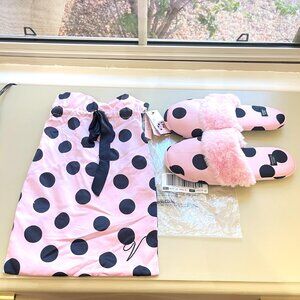 New Victoria's Secret Slippers Small 5 6 Pink Black Dot Satin Faux Fur NWT